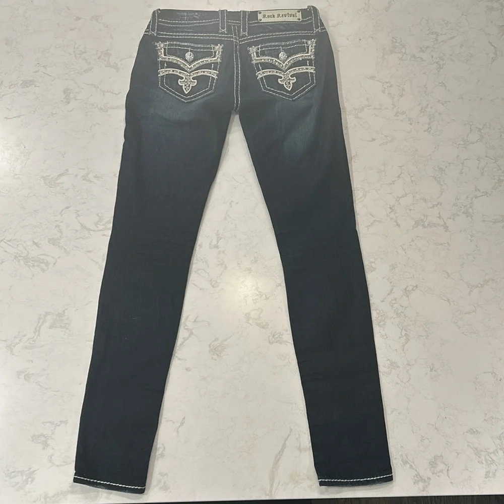 Rock Revival Karla Skinny Jean 27 Embellished Bling Low Rise Dark Wash - Picture 4 of 16